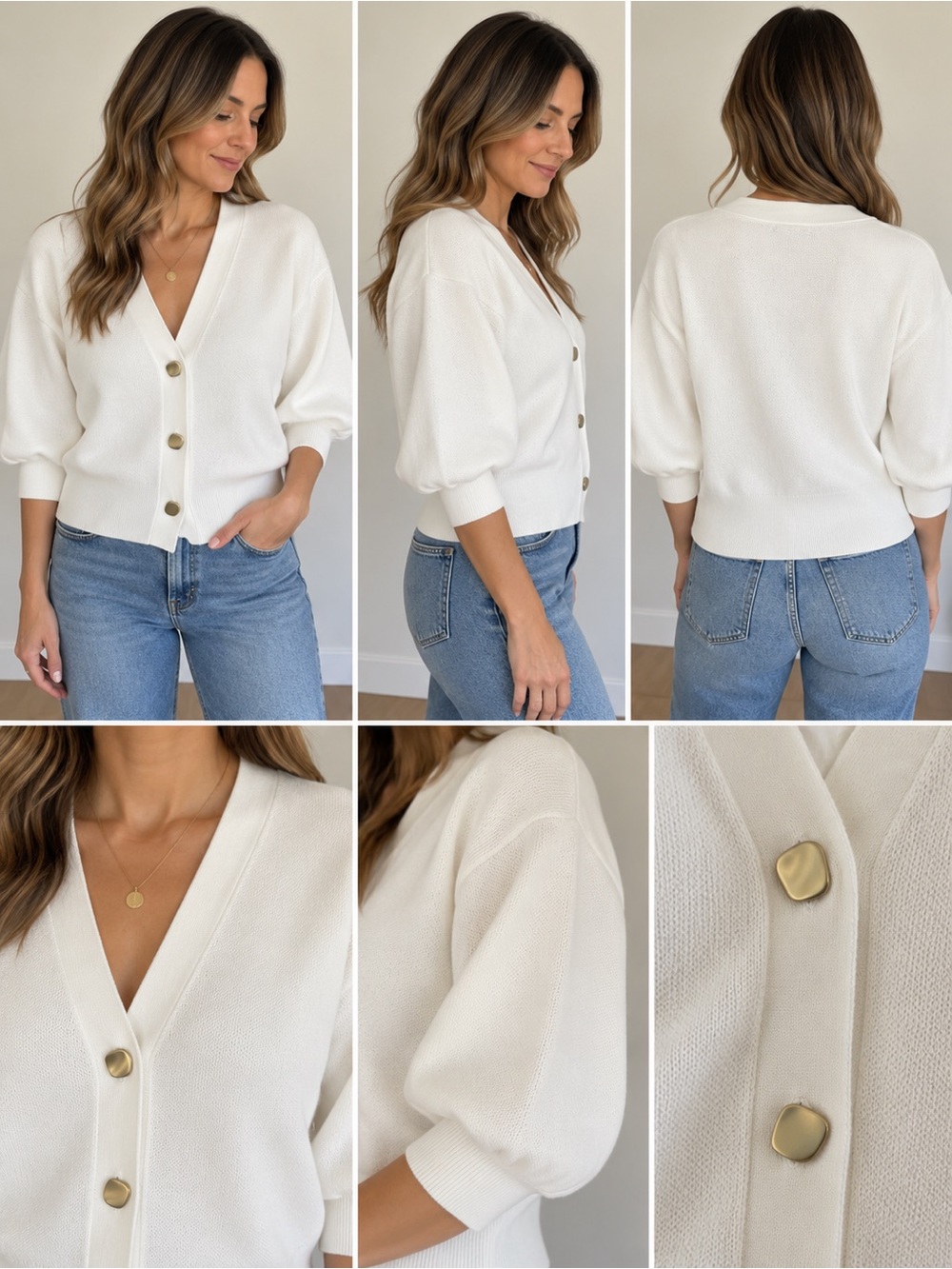 RW&CO. Cream V-Neck Button-Front Cardigan